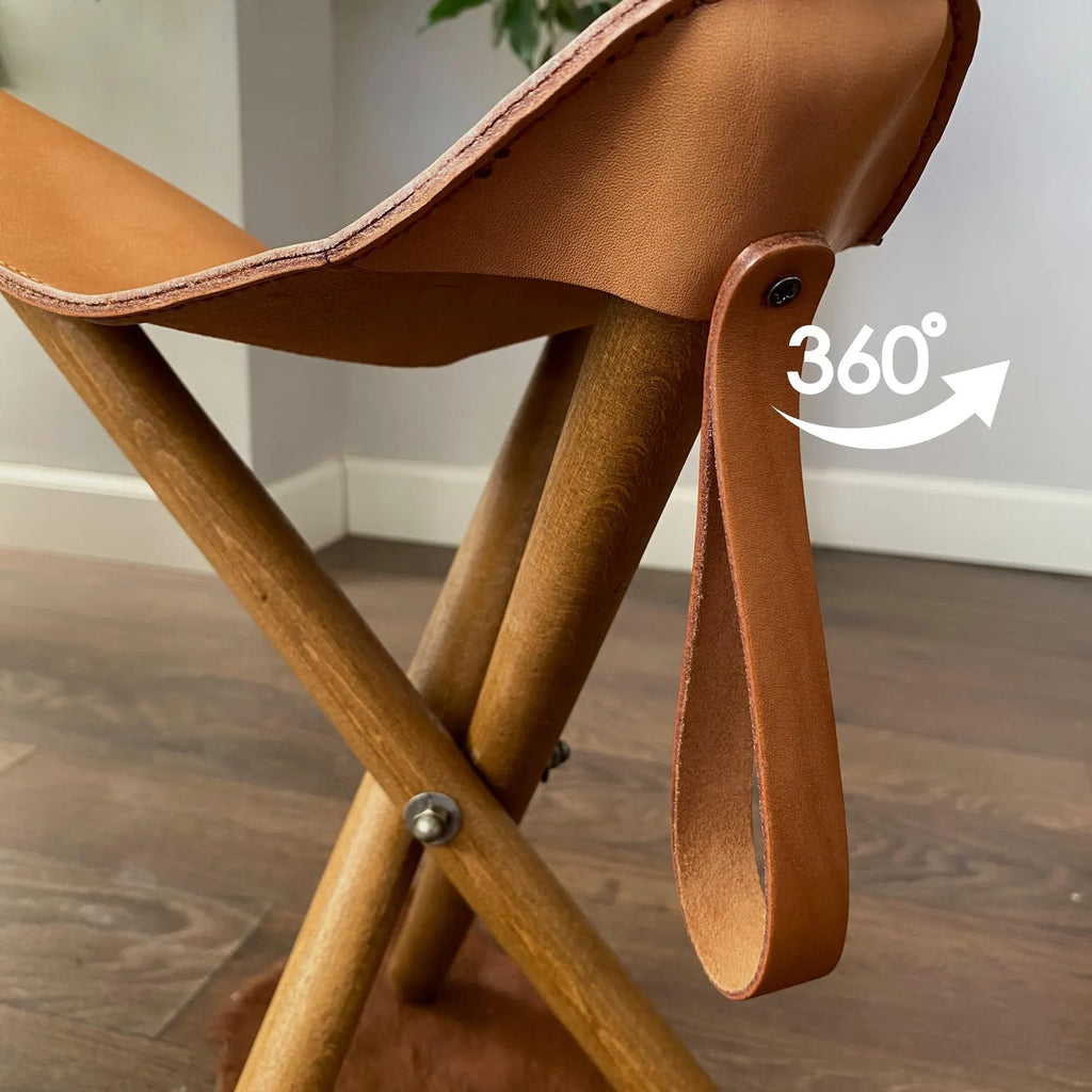 Handgefertigter Leder Klapphocker - Walnuss Holz Dreibein Stuhl, Camping Faltender Musiker Sitz