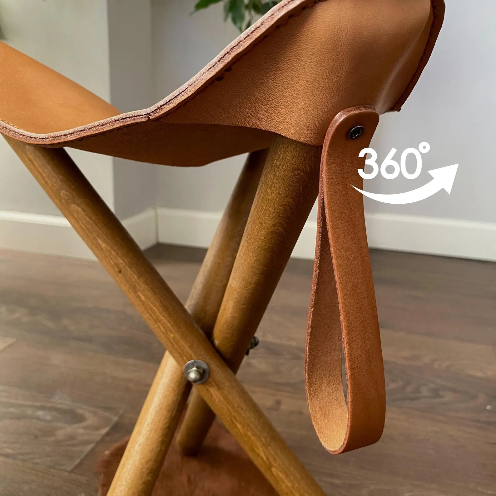 Handgefertigter Leder Klapphocker - Walnuss Holz Dreibein Stuhl, Camping Faltender Musiker Sitz