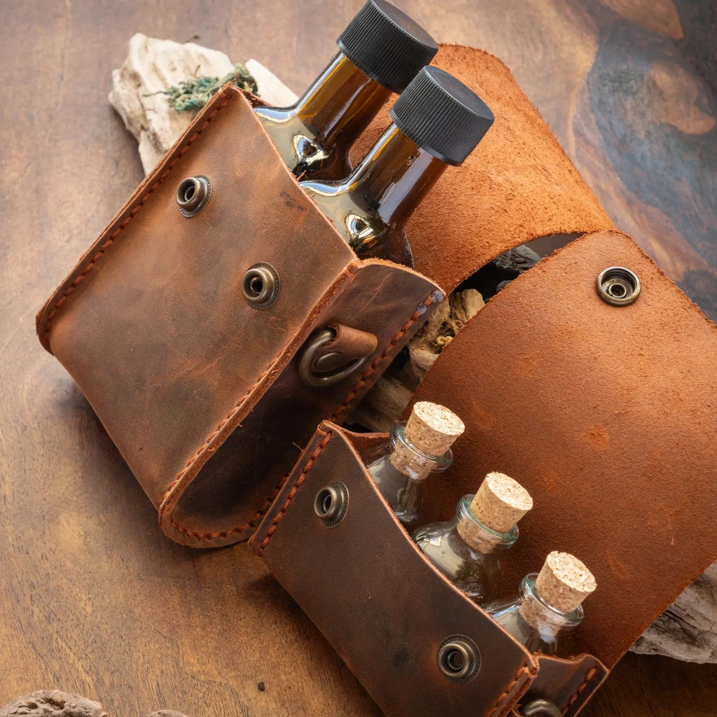 Handgemachte Leder Camping Tasche - Rustikaler Gewürzorganizer mit Gläsern