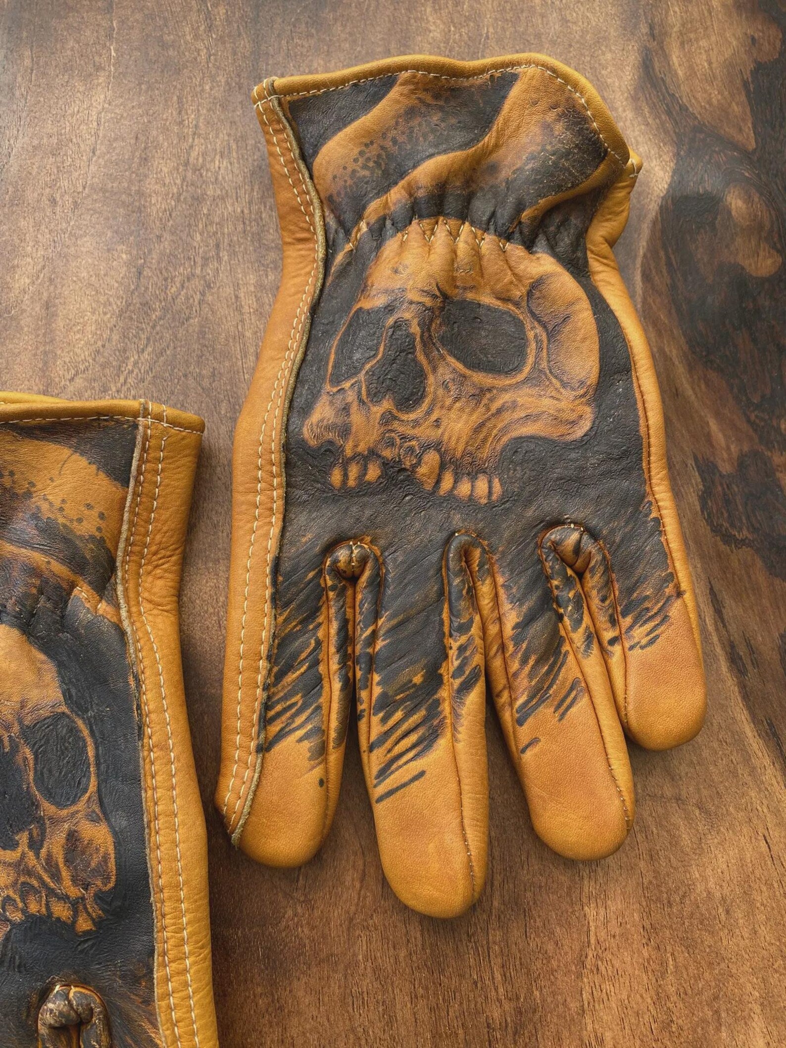 Handgefertigte Leder Motorrad Handschuhe Skull Inferno Shadow Biker Handschuhe
