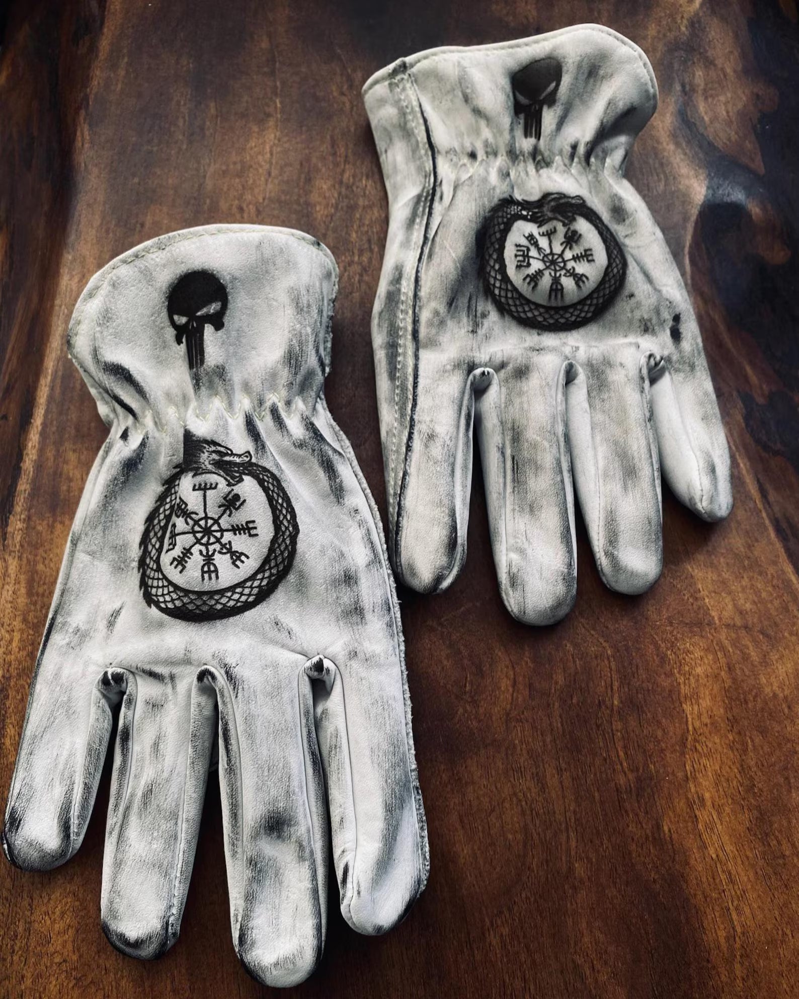 Viking Skull Motorradhandschuhe, handgefertigte Leder Bikerhandschuhe